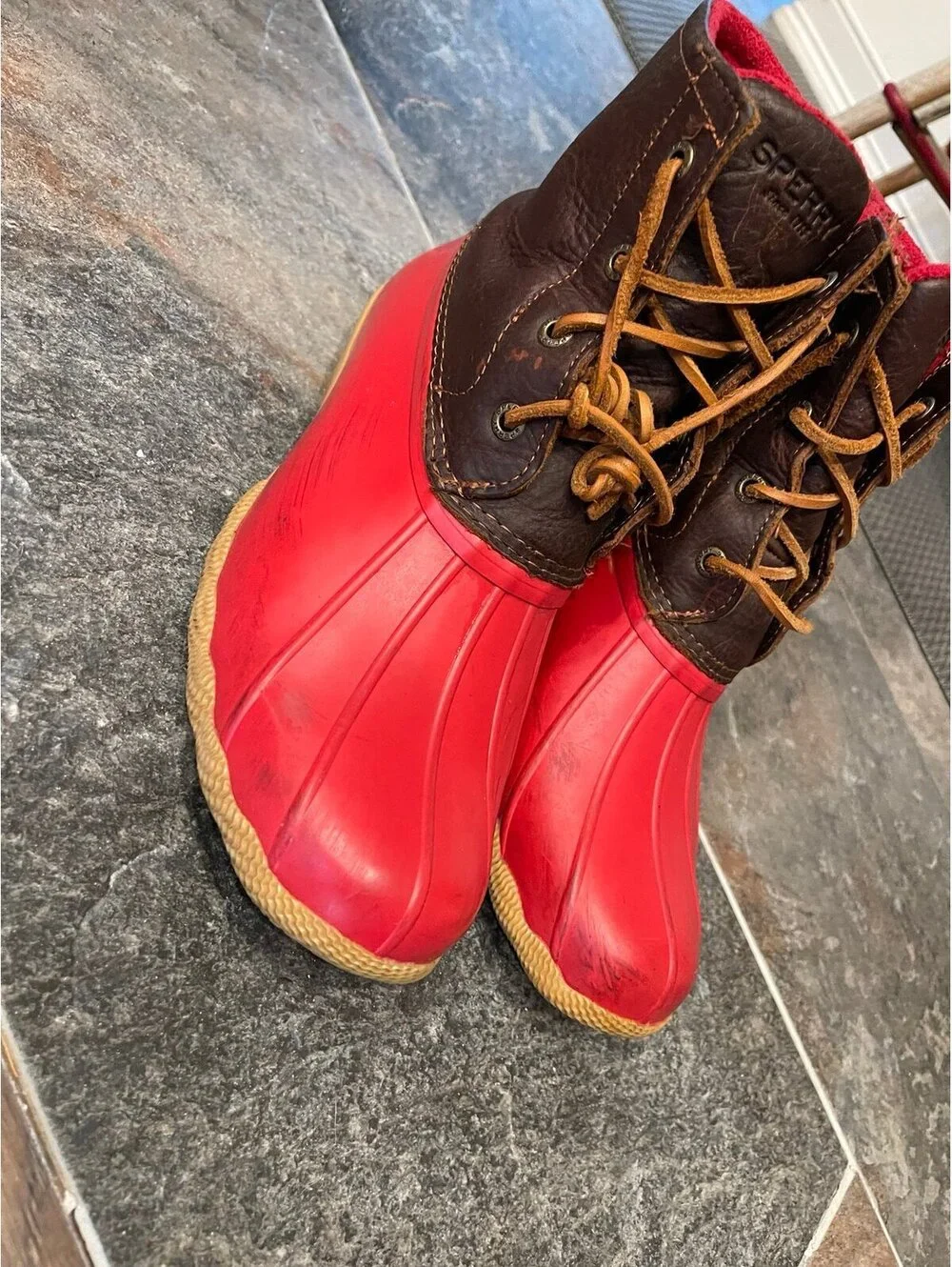 Sperry Saltwater Red Brown Duck Rain Boots Size 9.5